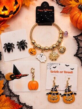 Halloween Gold-Tone Charm Bracelet, Earrings & Pumpkin Charm Orange Black